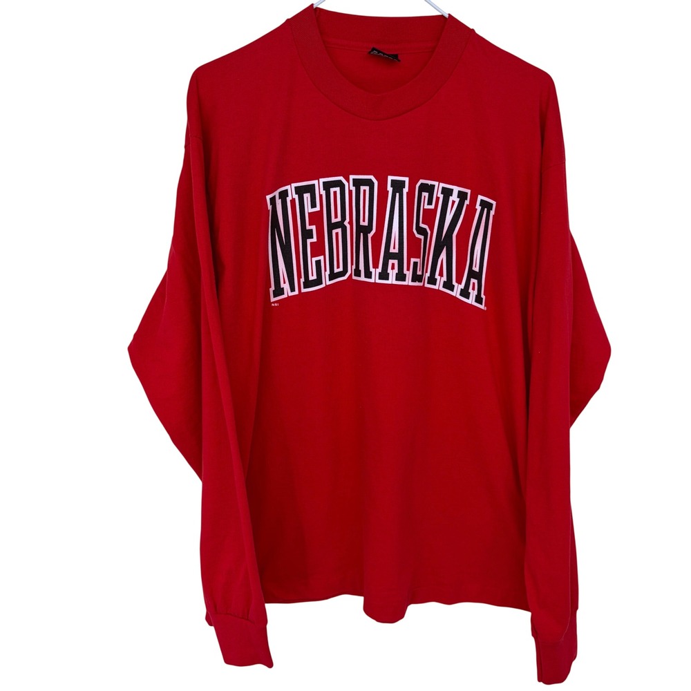 Vintage 90s Nebraska T Shirt Men's XL Red Spellout Long Sleeve NCAA College BEST